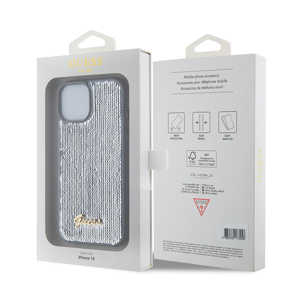 Husa pentru Apple iPhone 15, Guess, Sequin Script Metal, Argintie