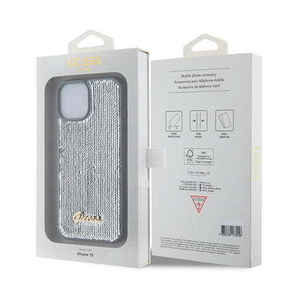 Husa pentru Apple iPhone 15, Guess, Sequin Script Metal, Argintie