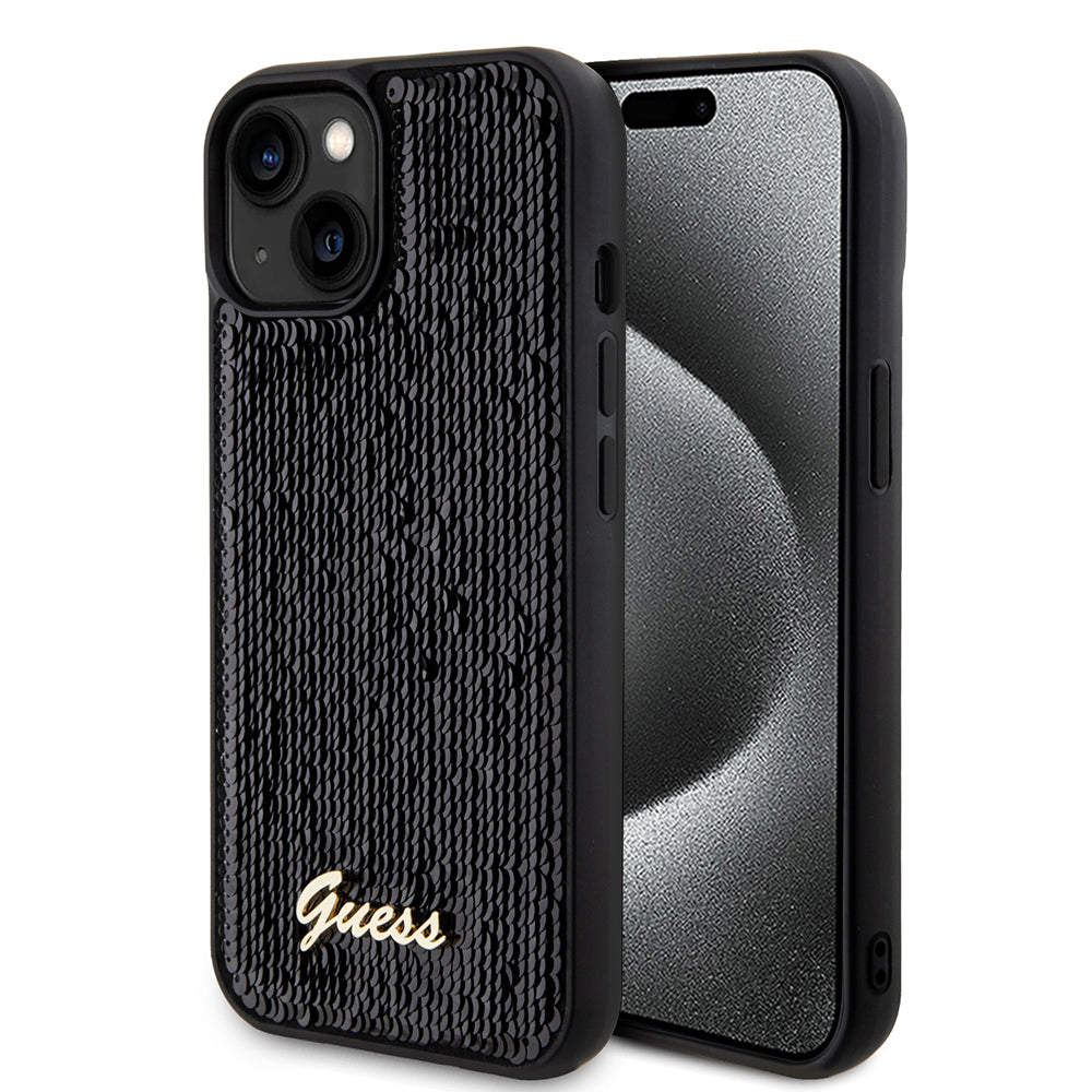 Husa pentru Apple iPhone 15, Guess, Sequin Script Metal, Neagra