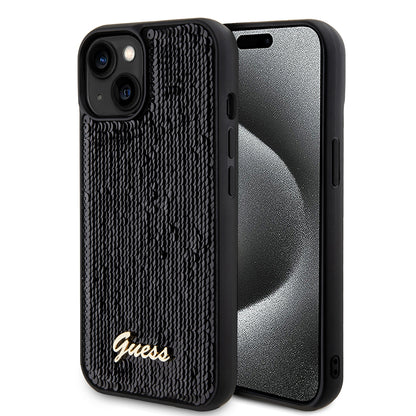 Husa pentru Apple iPhone 15, Guess, Sequin Script Metal, Neagra
