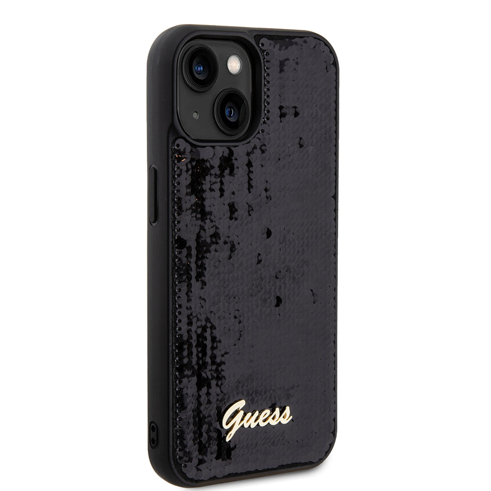 Husa pentru Apple iPhone 15, Guess, Sequin Script Metal, Neagra