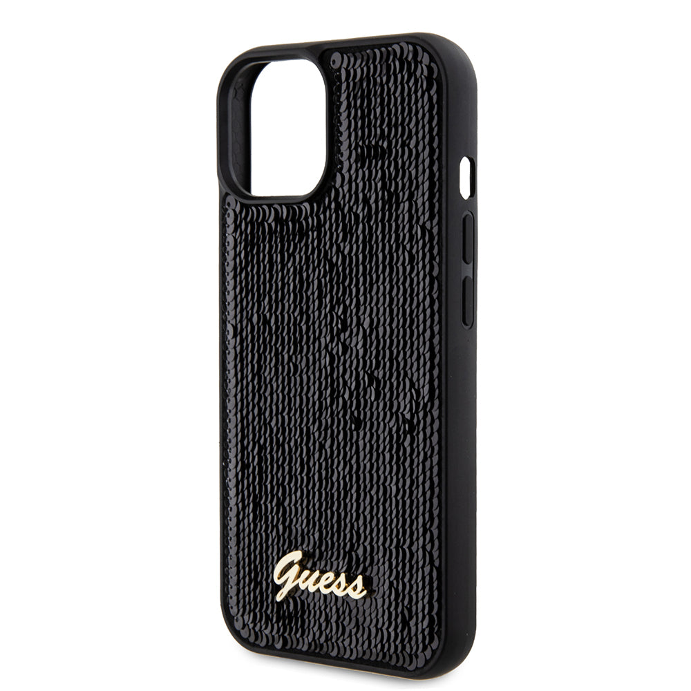 Husa pentru Apple iPhone 15, Guess, Sequin Script Metal, Neagra