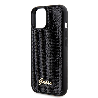Husa pentru Apple iPhone 15, Guess, Sequin Script Metal, Neagra