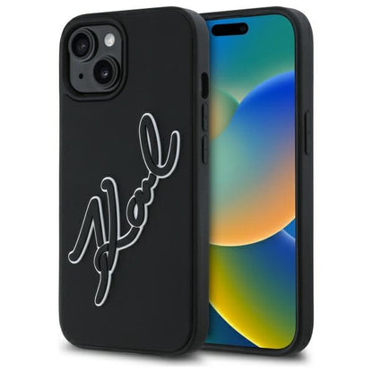 Husa pentru Apple iPhone 15, Karl Lagerfeld, 3D Rubber Signature, Neagra