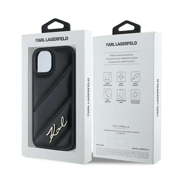 Husa pentru Apple iPhone 15, Karl Lagerfeld, Diagonal Quilted Script, Neagra