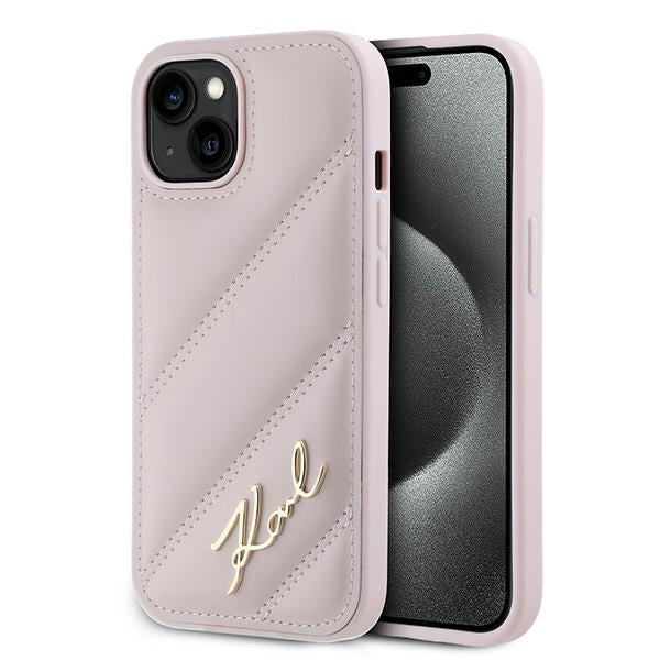 Husa pentru Apple iPhone 15, Karl Lagerfeld, Diagonal Quilted Script, Roz