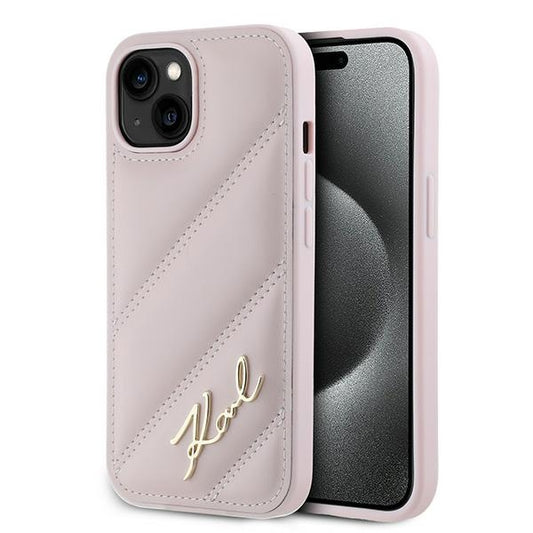Husa pentru Apple iPhone 15, Karl Lagerfeld, Diagonal Quilted Script, Roz