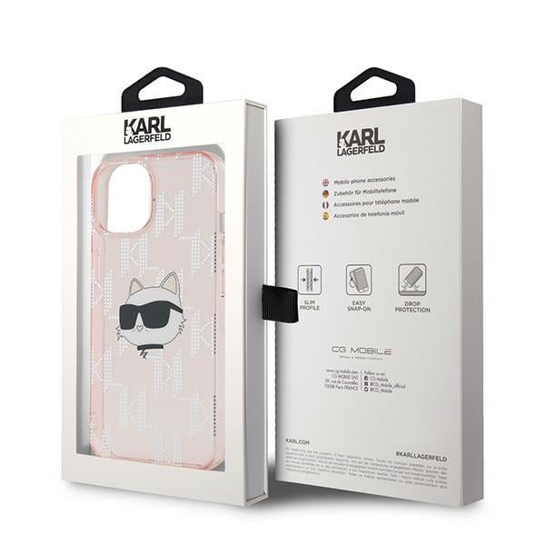 Husa pentru Apple iPhone 15, Karl Lagerfeld, IML Luxury Monogram Choupette's Head, Roz