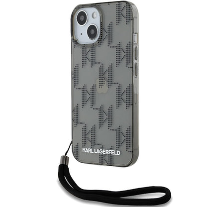Husa pentru Apple iPhone 15, Karl Lagerfeld, IML Luxury Monogram KL Pattern with Strap, Neagra