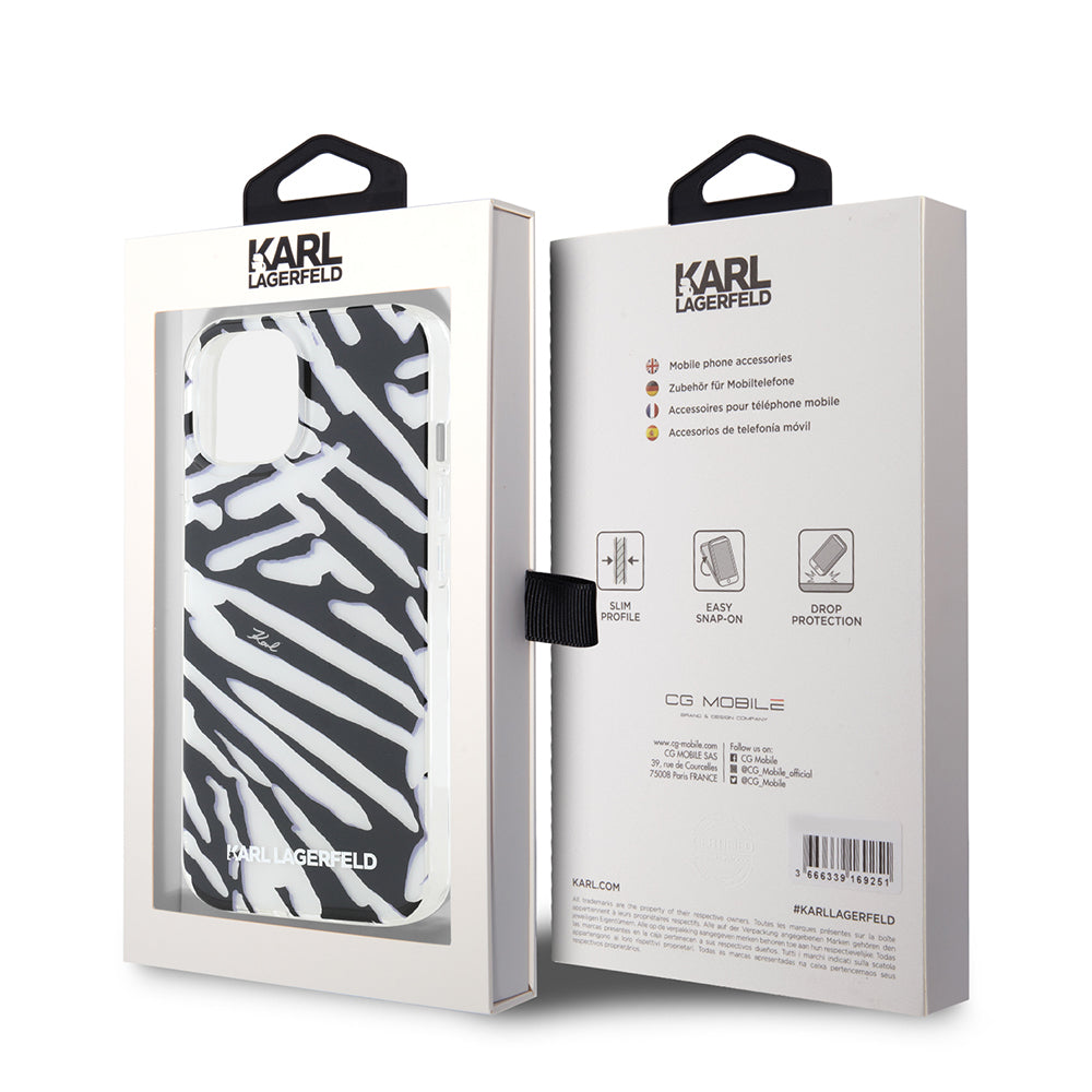 Husa pentru Apple iPhone 15, Karl Lagerfeld, IML Luxury Zebra Pattern with Strap, Neagra