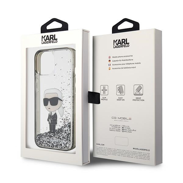 Husa pentru Apple iPhone 15, Karl Lagerfeld, Liquid Glitter Ikonik Karl, Transparenta