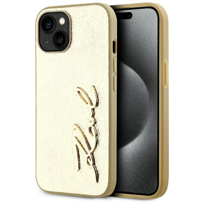 Husa pentru Apple iPhone 15, Karl Lagerfeld, Metal Signature, Aurie