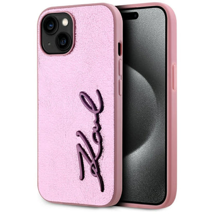Husa pentru Apple iPhone 15, Karl Lagerfeld, Metal Signature, Roz