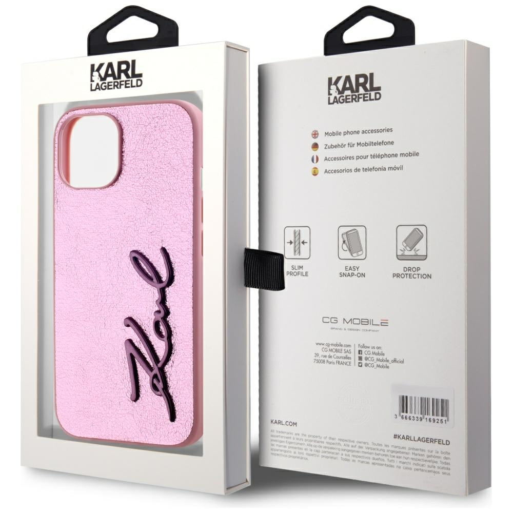 Husa pentru Apple iPhone 15, Karl Lagerfeld, Metal Signature, Roz