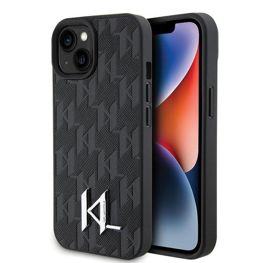 Husa pentru Apple iPhone 15, Karl Lagerfeld, Monogram Hot Stamp Metal Logo, Neagra