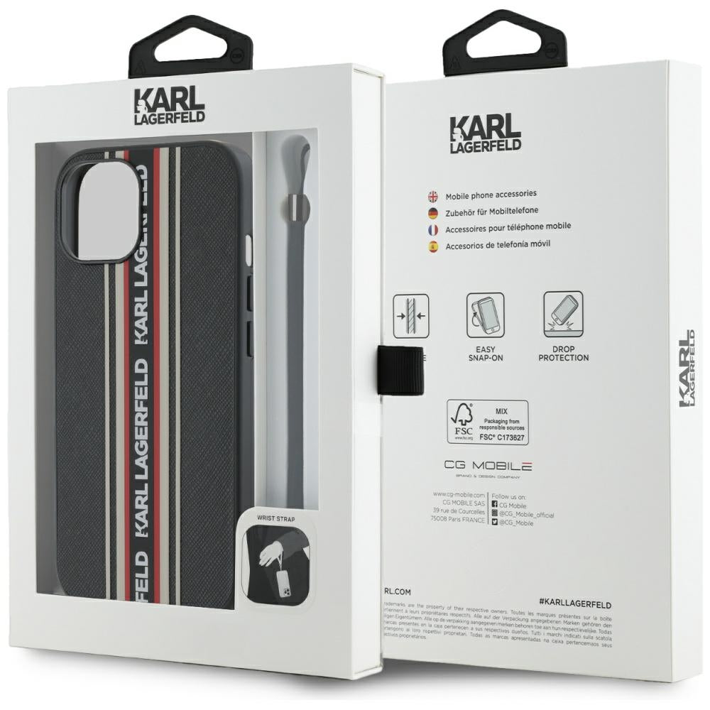 Husa pentru Apple iPhone 15, Karl Lagerfeld, Saffiano Athleisure Stripes with Strap, Rosie