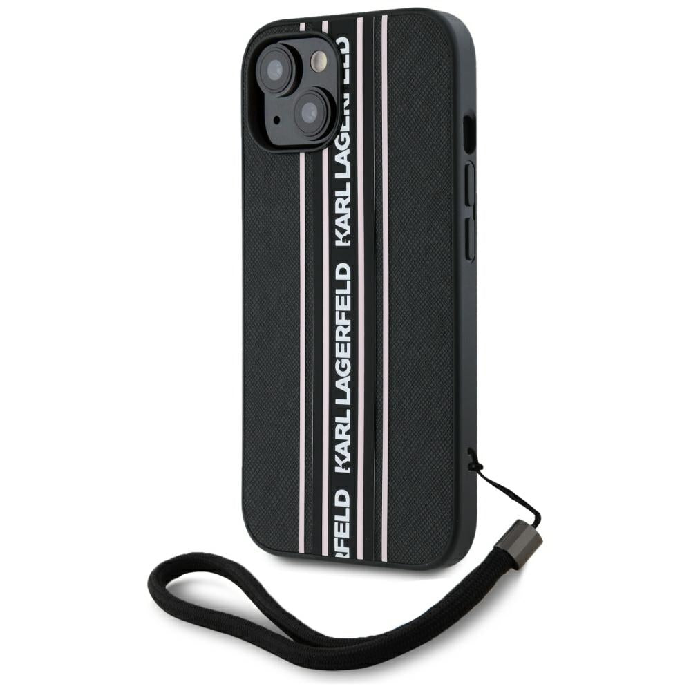 Husa pentru Apple iPhone 15, Karl Lagerfeld, Saffiano Athleisure Stripes with Strap, Roz
