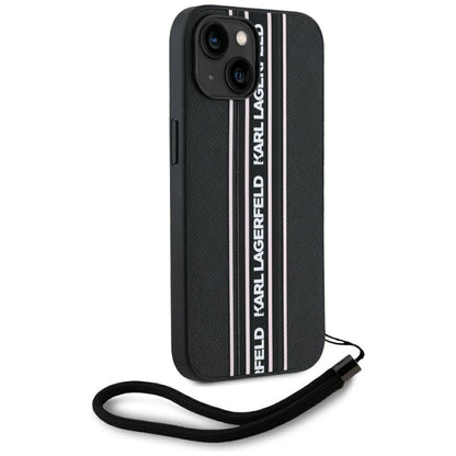 Husa pentru Apple iPhone 15, Karl Lagerfeld, Saffiano Athleisure Stripes with Strap, Roz