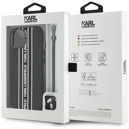 Husa pentru Apple iPhone 15, Karl Lagerfeld, Saffiano Athleisure Stripes with Strap, Roz