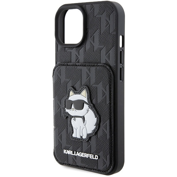 Husa pentru Apple iPhone 15, Karl Lagerfeld, Saffiano Cardslots and Stand Monogram Choupette, Neagra