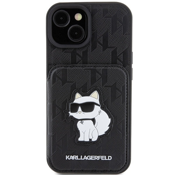 Husa pentru Apple iPhone 15, Karl Lagerfeld, Saffiano Cardslots and Stand Monogram Choupette, Neagra
