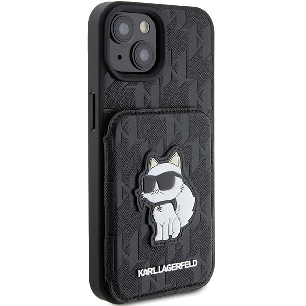 Husa pentru Apple iPhone 15, Karl Lagerfeld, Saffiano Cardslots and Stand Monogram Choupette, Neagra