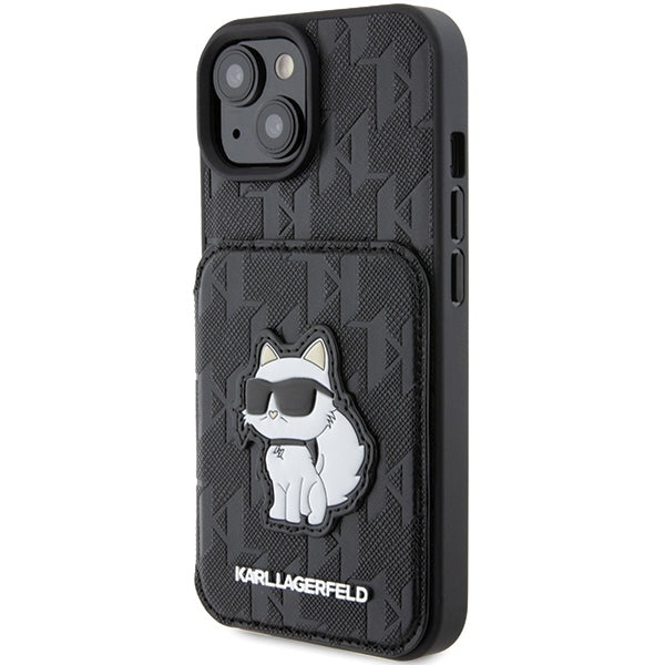 Husa pentru Apple iPhone 15, Karl Lagerfeld, Saffiano Cardslots and Stand Monogram Choupette, Neagra