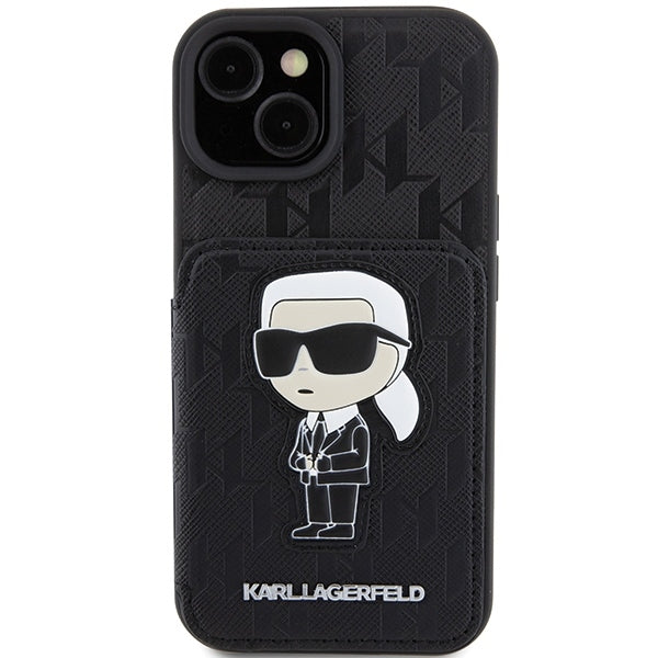 Husa pentru Apple iPhone 15, Karl Lagerfeld, Saffiano Cardslots and Stand Monogram Ikonik Karl, Neagra