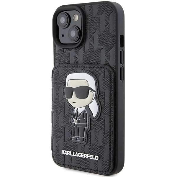 Husa pentru Apple iPhone 15, Karl Lagerfeld, Saffiano Cardslots and Stand Monogram Ikonik Karl, Neagra
