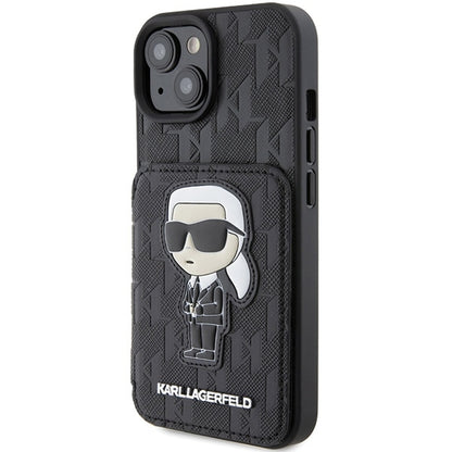 Husa pentru Apple iPhone 15, Karl Lagerfeld, Saffiano Cardslots and Stand Monogram Ikonik Karl, Neagra