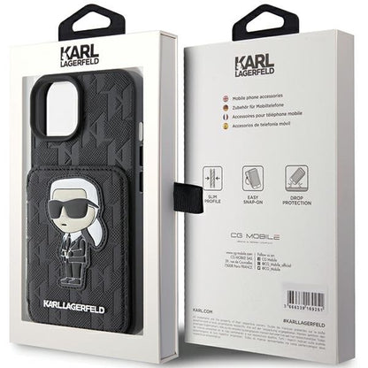 Husa pentru Apple iPhone 15, Karl Lagerfeld, Saffiano Cardslots and Stand Monogram Ikonik Karl, Neagra