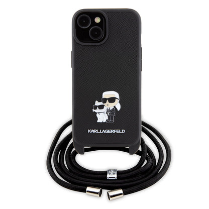 Husa pentru Apple iPhone 15, Karl Lagerfeld, Saffiano Crossbody Metal Pin Karl & Choupette, Neagra