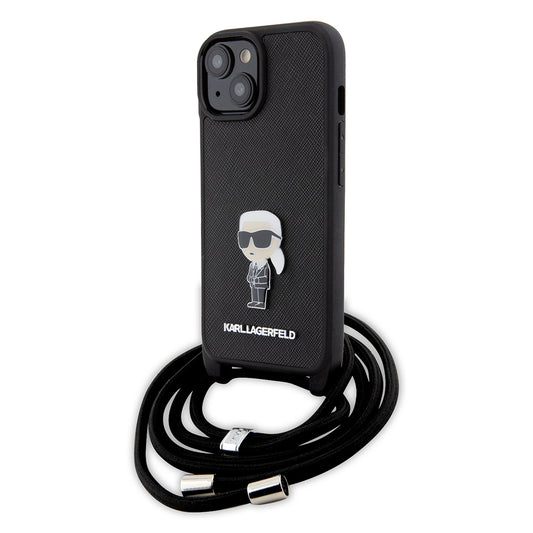 Husa pentru Apple iPhone 15, Karl Lagerfeld, Saffiano Crossbody Monogram Metal Pin Karl, Neagra