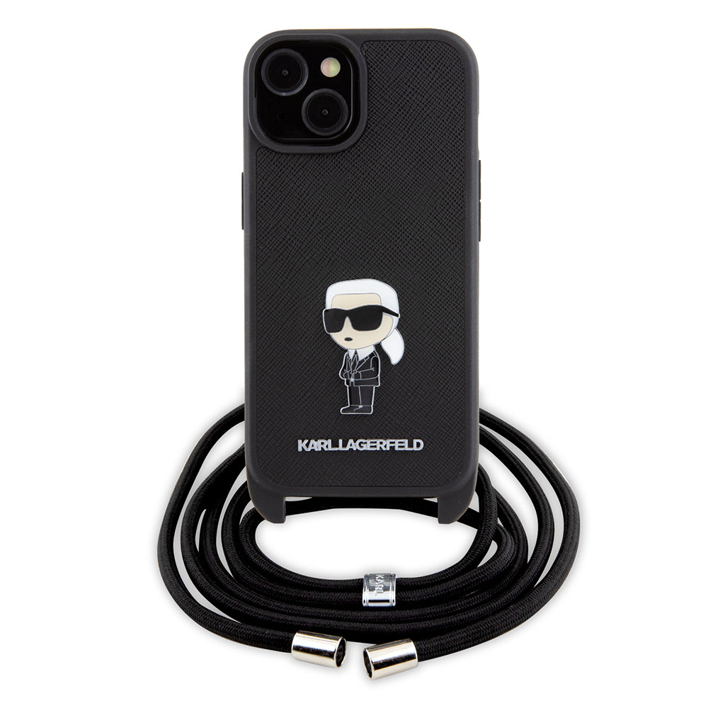 Husa pentru Apple iPhone 15, Karl Lagerfeld, Saffiano Crossbody Monogram Metal Pin Karl, Neagra