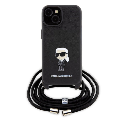 Husa pentru Apple iPhone 15, Karl Lagerfeld, Saffiano Crossbody Monogram Metal Pin Karl, Neagra