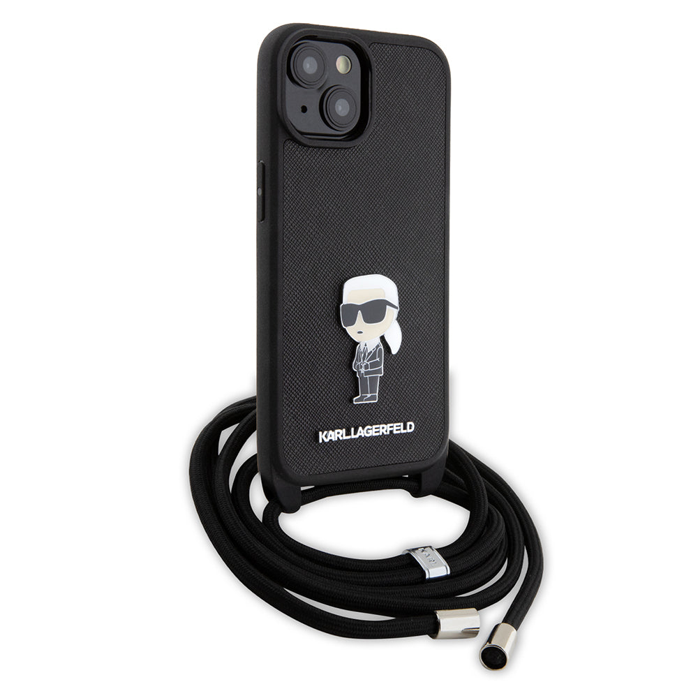 Husa pentru Apple iPhone 15, Karl Lagerfeld, Saffiano Crossbody Monogram Metal Pin Karl, Neagra