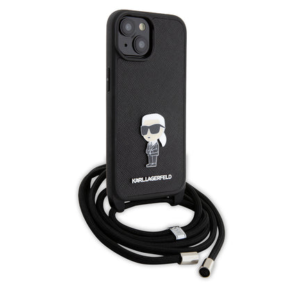Husa pentru Apple iPhone 15, Karl Lagerfeld, Saffiano Crossbody Monogram Metal Pin Karl, Neagra