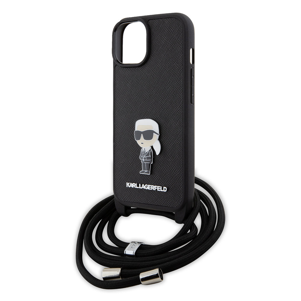 Husa pentru Apple iPhone 15, Karl Lagerfeld, Saffiano Crossbody Monogram Metal Pin Karl, Neagra