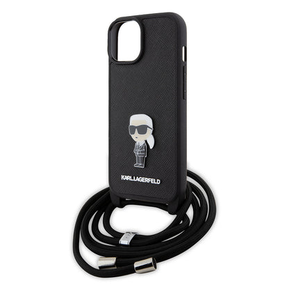 Husa pentru Apple iPhone 15, Karl Lagerfeld, Saffiano Crossbody Monogram Metal Pin Karl, Neagra