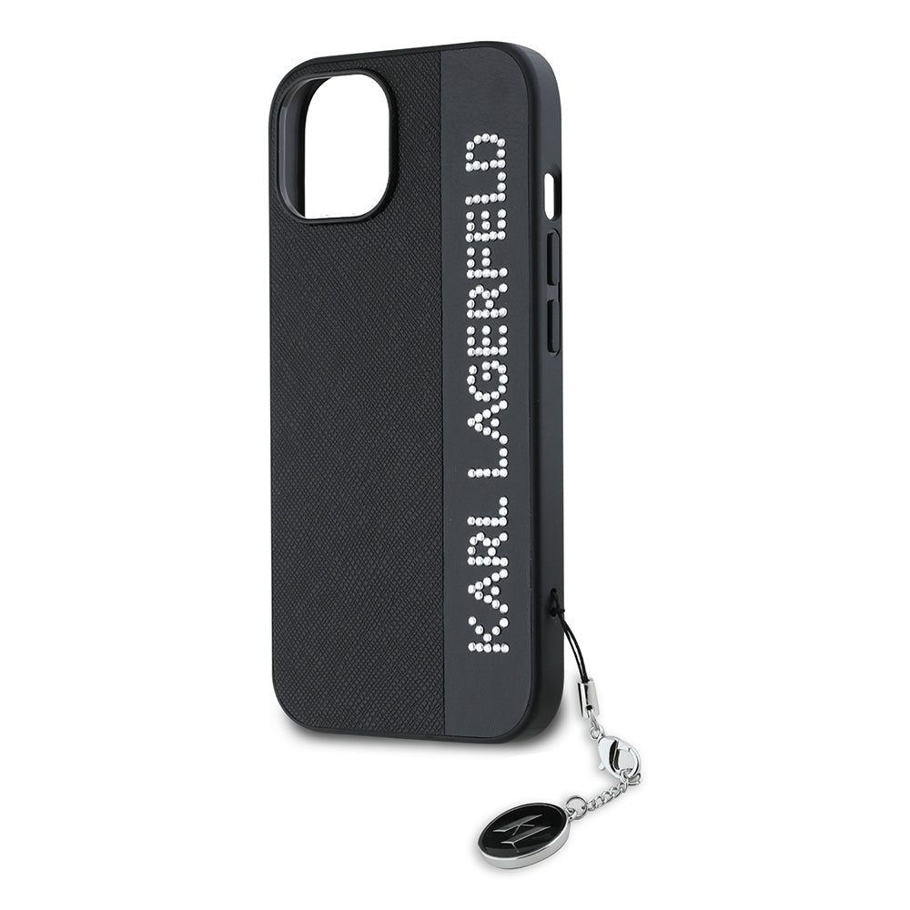 Husa pentru Apple iPhone 15, Karl Lagerfeld, Saffiano Rhinestones & Charm, Neagra