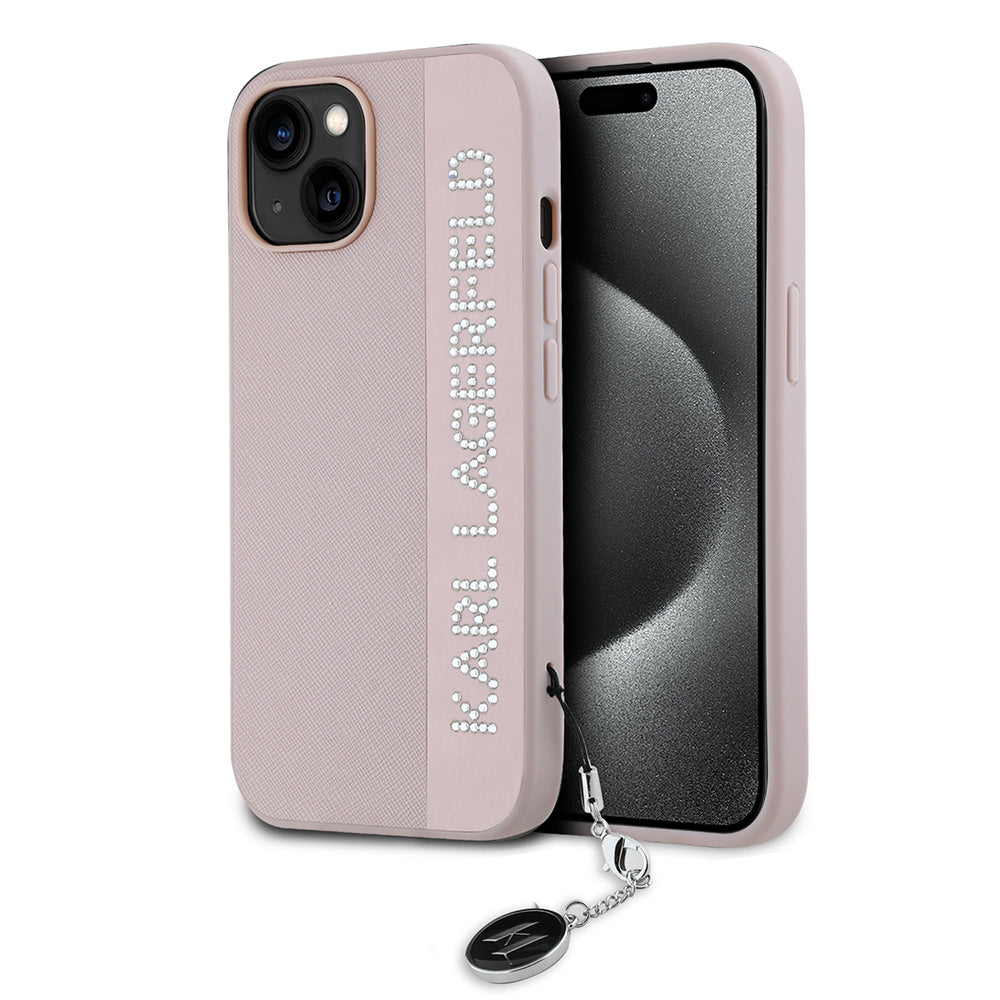 Husa pentru Apple iPhone 15, Karl Lagerfeld, Saffiano Rhinestones & Charm, Roz