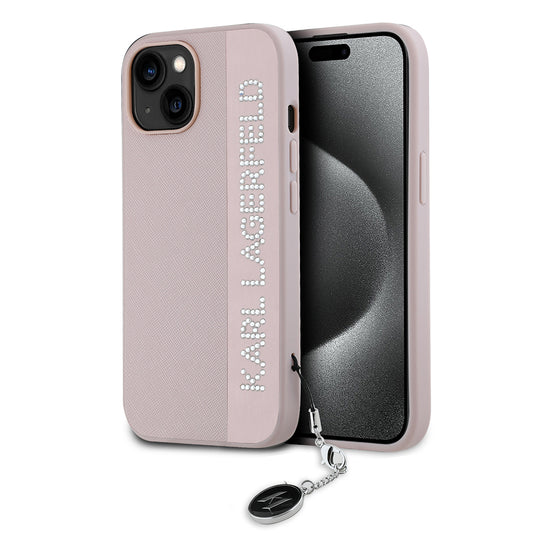 Husa pentru Apple iPhone 15, Karl Lagerfeld, Saffiano Rhinestones & Charm, Roz