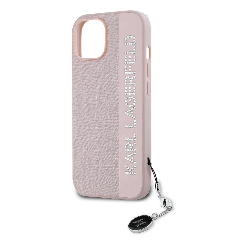 Husa pentru Apple iPhone 15, Karl Lagerfeld, Saffiano Rhinestones & Charm, Roz