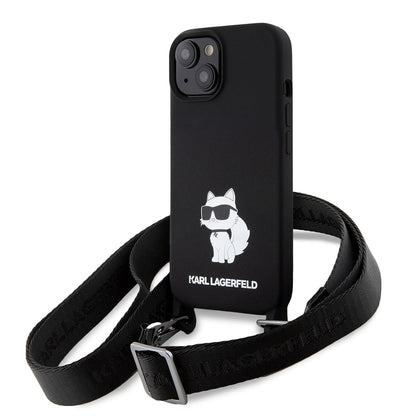 Husa pentru Apple iPhone 15, Karl Lagerfeld, Silicone Crossbody Choupette, Neagra