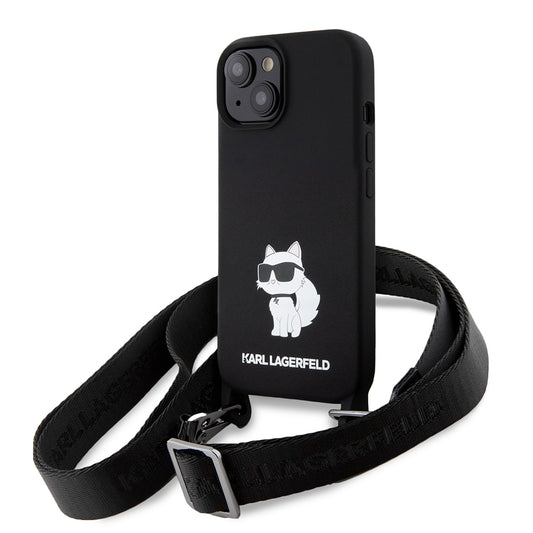 Husa pentru Apple iPhone 15, Karl Lagerfeld, Silicone Crossbody Choupette, Neagra
