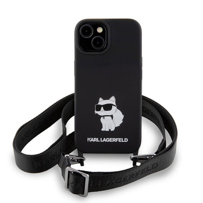 Husa pentru Apple iPhone 15, Karl Lagerfeld, Silicone Crossbody Choupette, Neagra