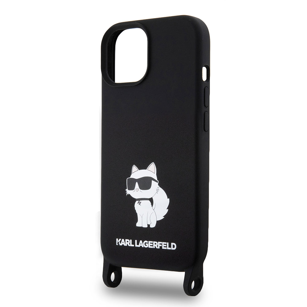 Husa pentru Apple iPhone 15, Karl Lagerfeld, Silicone Crossbody Choupette, Neagra