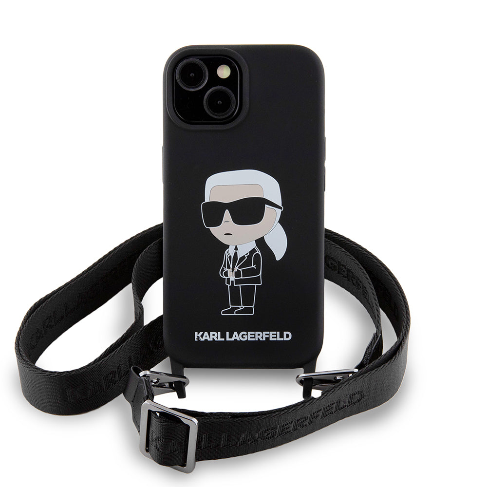 Husa pentru Apple iPhone 15, Karl Lagerfeld, Silicone Crossbody Ikonik Karl, Neagra