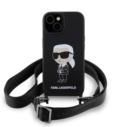 Husa pentru Apple iPhone 15, Karl Lagerfeld, Silicone Crossbody Ikonik Karl, Neagra