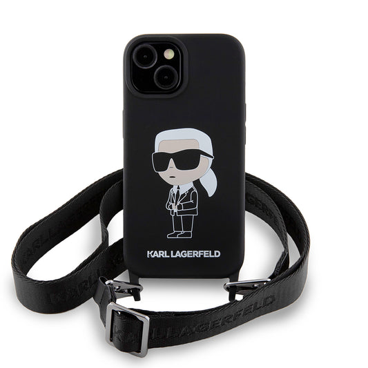 Husa pentru Apple iPhone 15, Karl Lagerfeld, Silicone Crossbody Ikonik Karl, Neagra